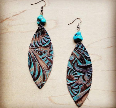 Oval Earrings in Brown Floral w/ Turquoise Accent