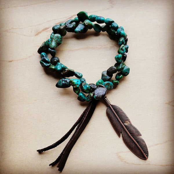 Double Strand Turq Bracelet w/ Feather and Tassel Turquoise Bracelet green 1 