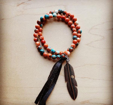Multi Double Jade Bracelet w/ Feather and Tassel