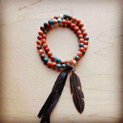 Multi Double Jade Bracelet w/ Feather and Tassel Bracelet multi 1 