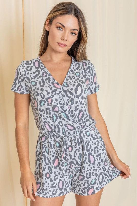 Short Sleeve Animal Print Romper - Three Mad Hatters Mercantile 