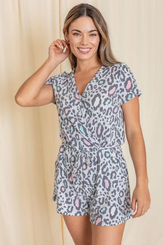 Short Sleeve Animal Print Romper - Three Mad Hatters Mercantile 