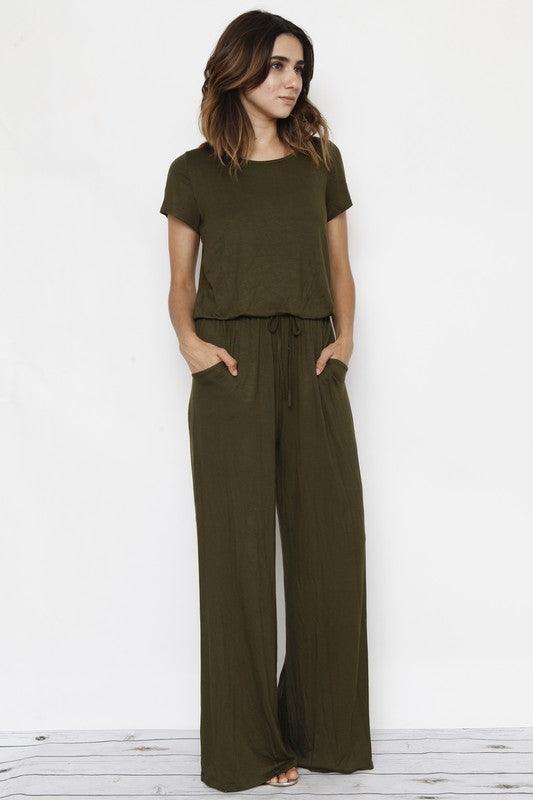 Short Sleeve Jumpsuit W/Pocket - Three Mad Hatters Mercantile 