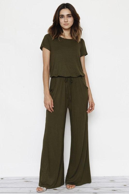 Short Sleeve Jumpsuit W/Pocket - Three Mad Hatters Mercantile 