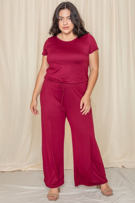 Short Sleeve Jumpsuit W/Pocket Jumpsuit burgundy S 