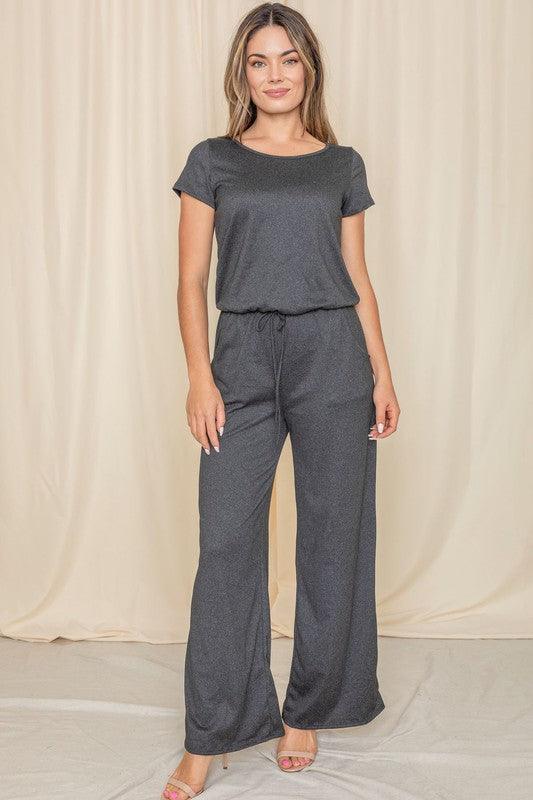 Short Sleeve Jumpsuit W/Pocket - Three Mad Hatters Mercantile 