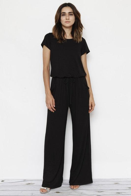 Short Sleeve Jumpsuit W/Pocket - Three Mad Hatters Mercantile 