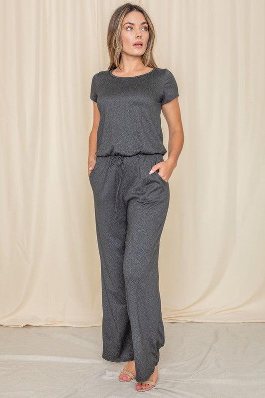 Short Sleeve Jumpsuit W/Pocket - Three Mad Hatters Mercantile 