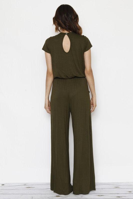 Short Sleeve Jumpsuit W/Pocket - Three Mad Hatters Mercantile 