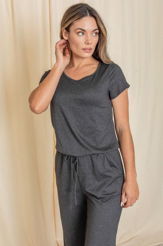 Short Sleeve Jumpsuit W/Pocket - Three Mad Hatters Mercantile 