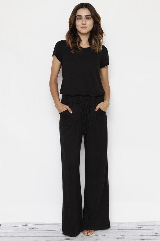 Short Sleeve Jumpsuit W/Pocket - Three Mad Hatters Mercantile 