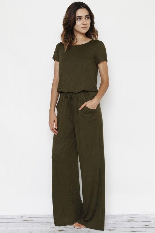 Short Sleeve Jumpsuit W/Pocket - Three Mad Hatters Mercantile 