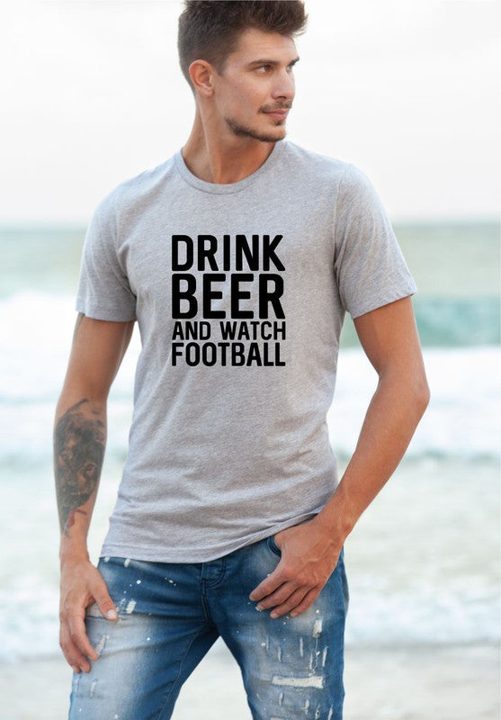 Drink Beer and Watch Football Mens Tee Graffic Tee Oxford Grey L 