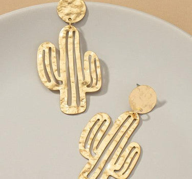 Hammered thin metal openwork cactus drop earrings