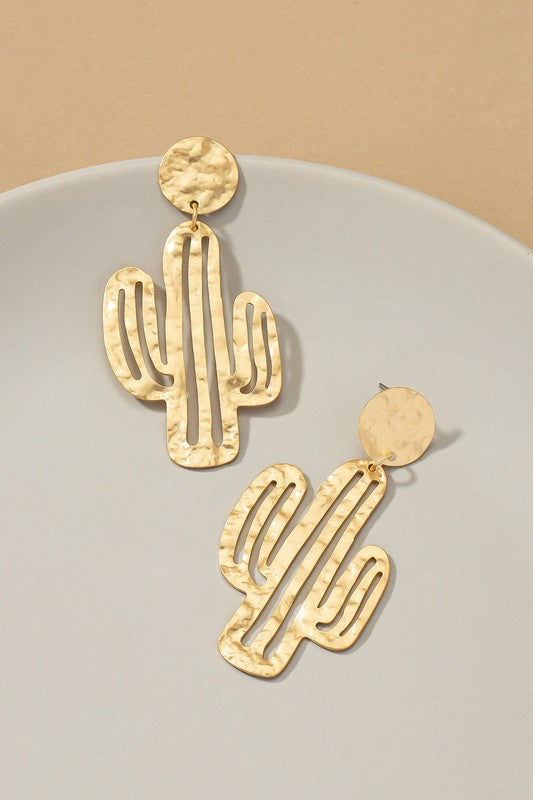 Hammered thin metal openwork cactus drop earrings Cactus Earrings Gold one size 