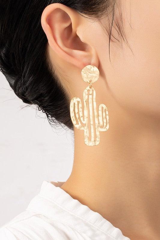 Hammered thin metal openwork cactus drop earrings - Three Mad Hatters Mercantile 