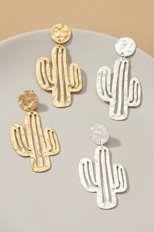 Hammered thin metal openwork cactus drop earrings - Three Mad Hatters Mercantile 
