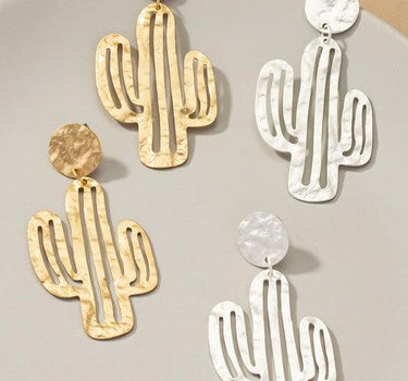 Hammered thin metal openwork cactus drop earrings
