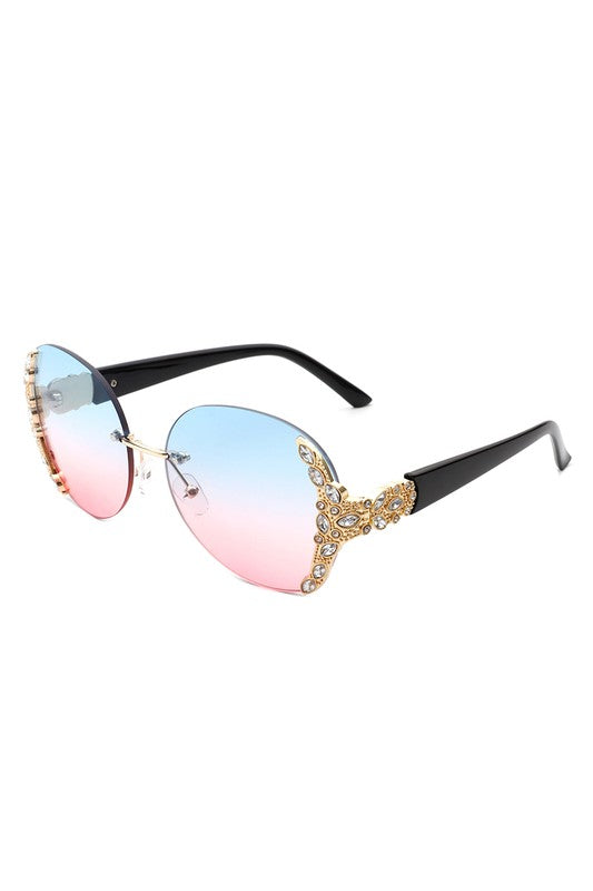 Women Rimless Round Rhinestone Oversize Sunglasses Sunglasses   