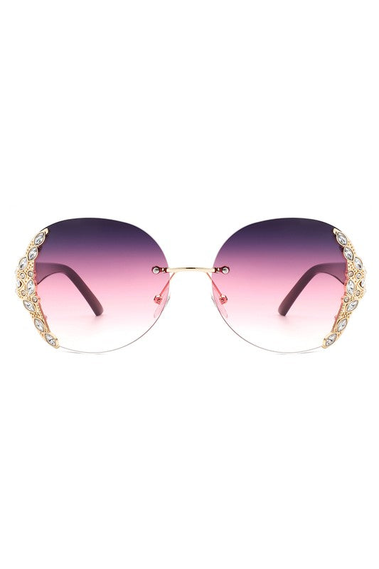 Women Rimless Round Rhinestone Oversize Sunglasses Sunglasses Purple OneSize 