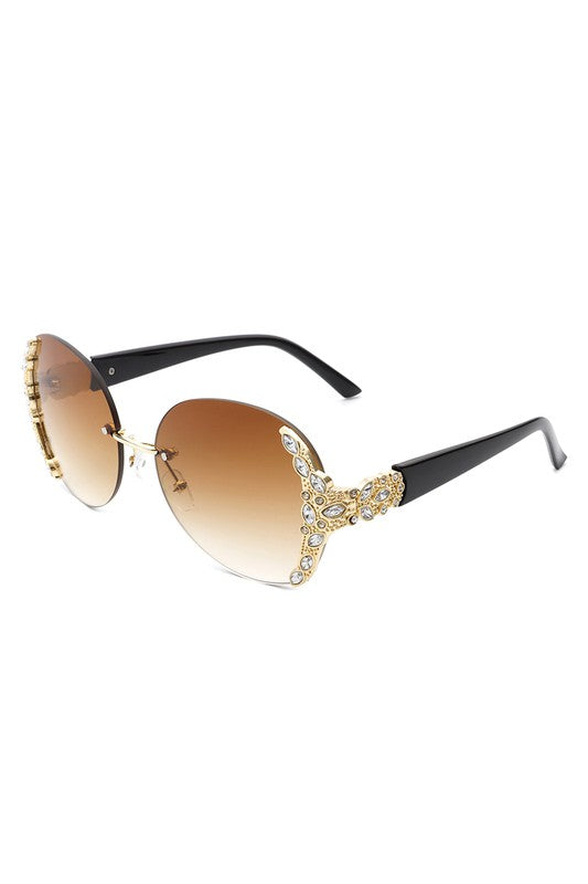 Women Rimless Round Rhinestone Oversize Sunglasses Sunglasses   