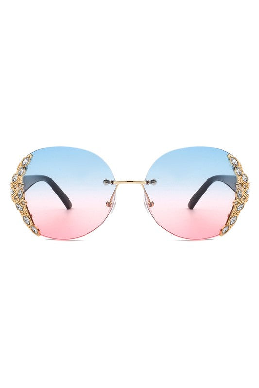 Women Rimless Round Rhinestone Oversize Sunglasses Sunglasses Blue/Pink OneSize 