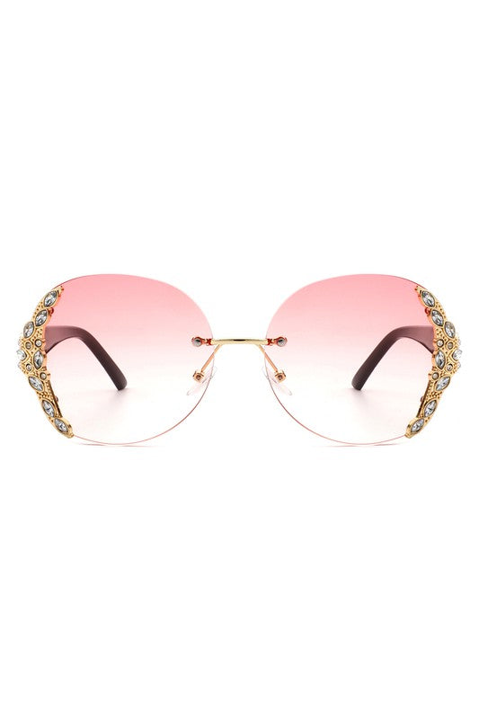 Women Rimless Round Rhinestone Oversize Sunglasses Sunglasses Pink OneSize 