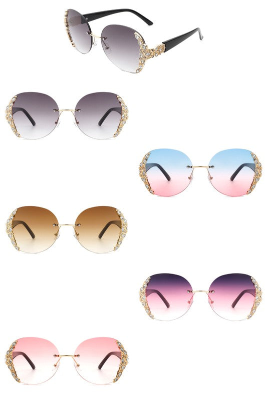 Women Rimless Round Rhinestone Oversize Sunglasses Sunglasses   