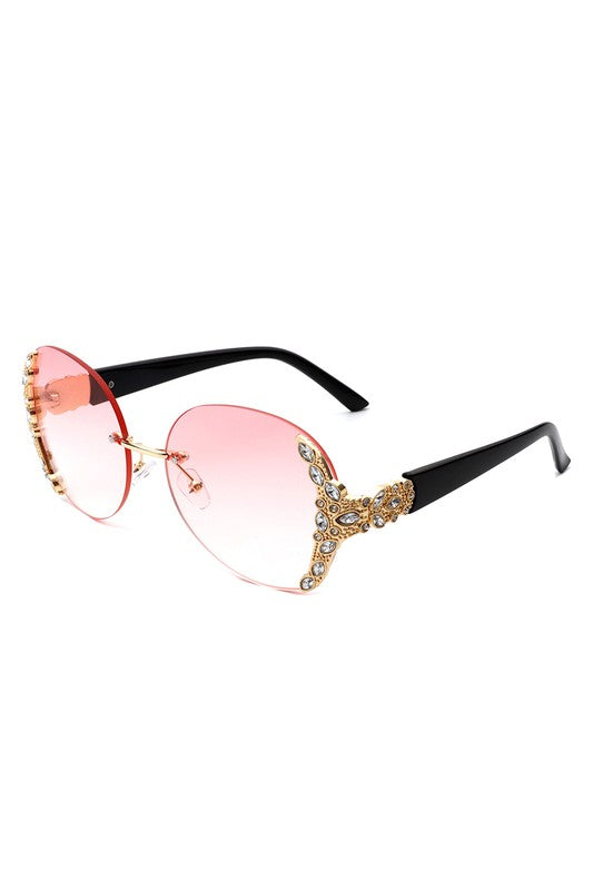 Women Rimless Round Rhinestone Oversize Sunglasses Sunglasses   