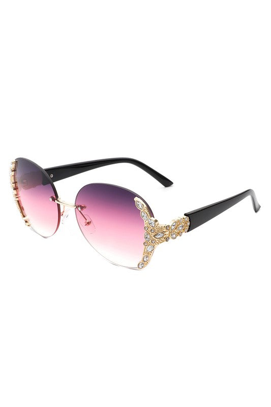 Women Rimless Round Rhinestone Oversize Sunglasses Sunglasses   