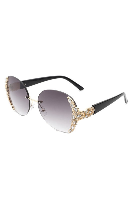 Women Rimless Round Rhinestone Oversize Sunglasses Sunglasses   