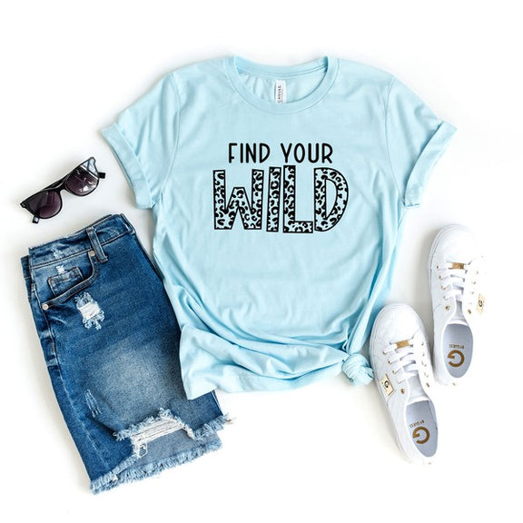 Leopard Find Your Wild Short Sleeve Graphic Tee graphic t-shirt Ice Blue XS 