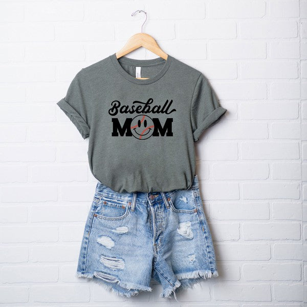 Baseball Mom Smiley Face Short Sleeve Graphic Tee graphic t-shirt Army Green XS 