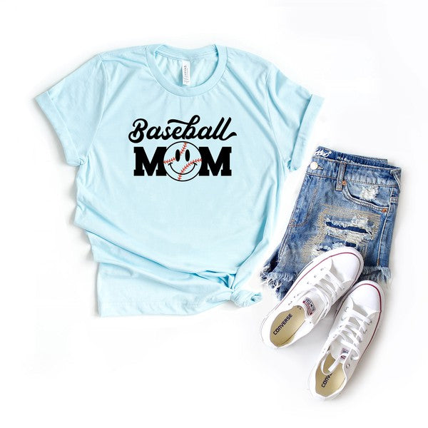 Baseball Mom Smiley Face Short Sleeve Graphic Tee graphic t-shirt Ice Blue XS 