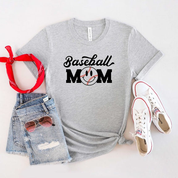 Baseball Mom Smiley Face Short Sleeve Graphic Tee graphic t-shirt H Grey XS 