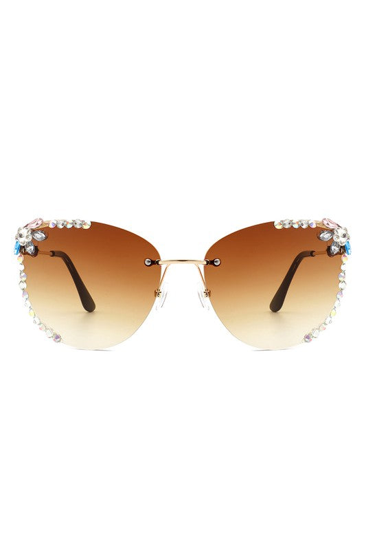 Rimless Rhinestone Fashion Cat Eye Sunglasses Sunglasses Brown OneSize 