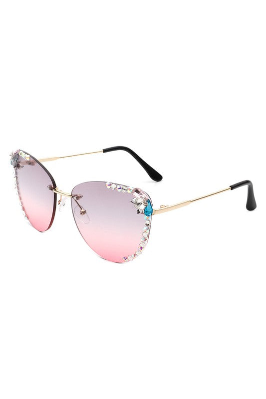 Rimless Rhinestone Fashion Cat Eye Sunglasses Sunglasses   