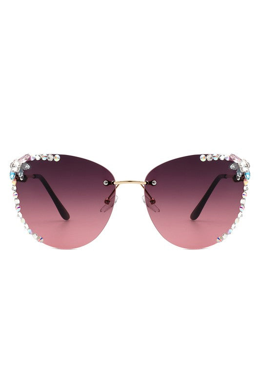 Rimless Rhinestone Fashion Cat Eye Sunglasses Sunglasses Maroon OneSize 