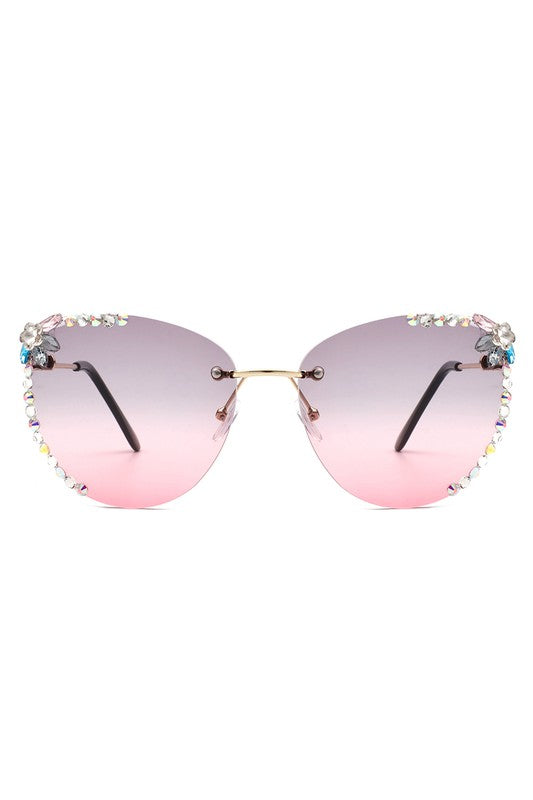 Rimless Rhinestone Fashion Cat Eye Sunglasses Sunglasses Pink OneSize 