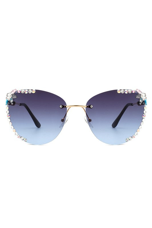 Rimless Rhinestone Fashion Cat Eye Sunglasses Sunglasses Gradient Blue OneSize 