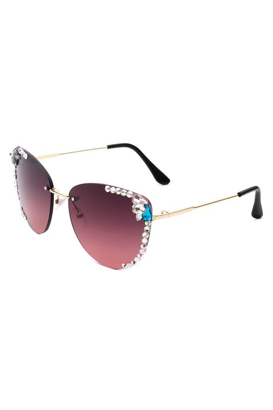 Rimless Rhinestone Fashion Cat Eye Sunglasses Sunglasses   