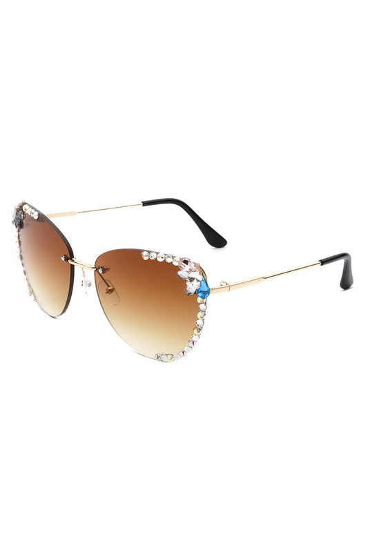 Rimless Rhinestone Fashion Cat Eye Sunglasses Sunglasses   