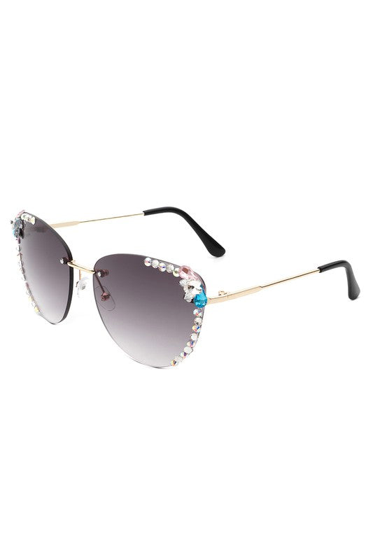 Rimless Rhinestone Fashion Cat Eye Sunglasses Sunglasses   