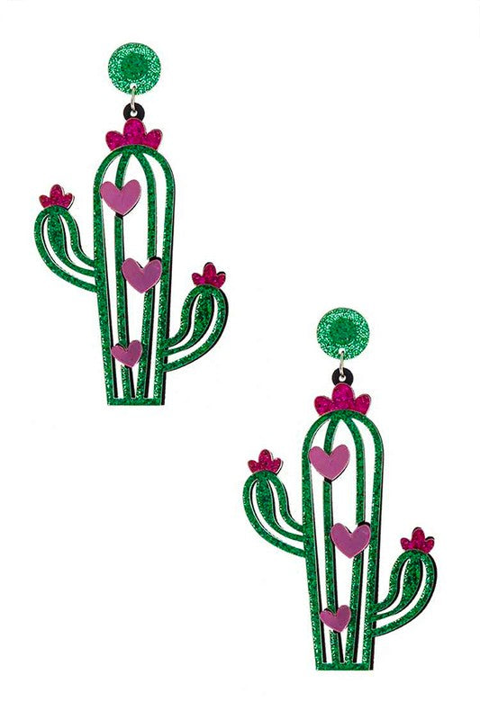 Glitter Cutout Cactus Earrings Western Earrings Green O/S 