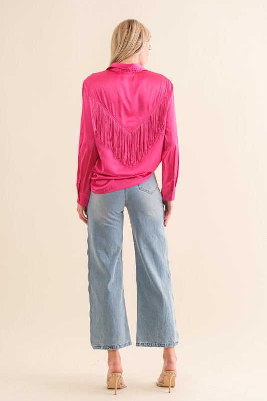 Satin Shirt Blouse with Chevron Fringe Long Sleeve Blouse   