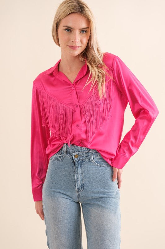 Satin Shirt Blouse with Chevron Fringe Long Sleeve Blouse   