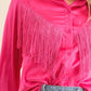 Satin Shirt Blouse with Chevron Fringe Long Sleeve Blouse   