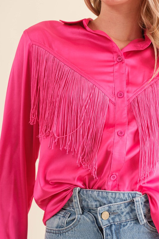 Satin Shirt Blouse with Chevron Fringe Long Sleeve Blouse   