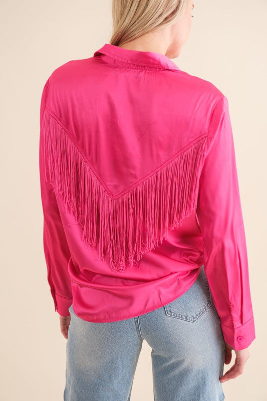 Satin Shirt Blouse with Chevron Fringe Long Sleeve Blouse   