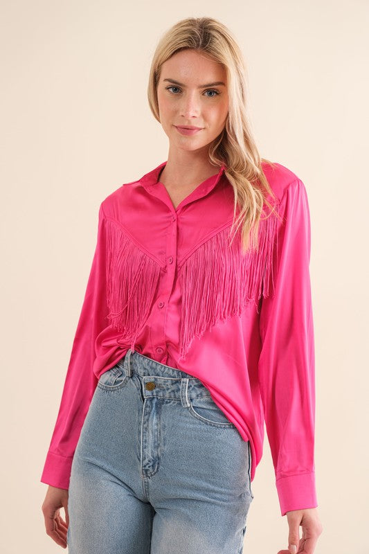 Satin Shirt Blouse with Chevron Fringe Long Sleeve Blouse Hot Pink S 